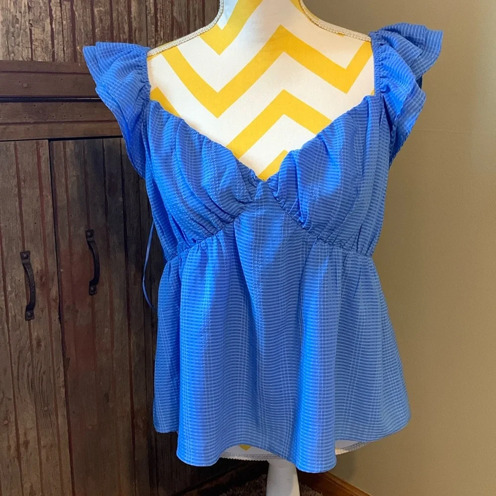Blue Ruffled Women's Blouse - Picture 1 of 7